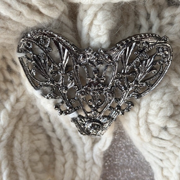Anthropologie Sleeping On Snow Ivory Angora Knit Heart Pin Cardigan Size M - Picture 3 of 10